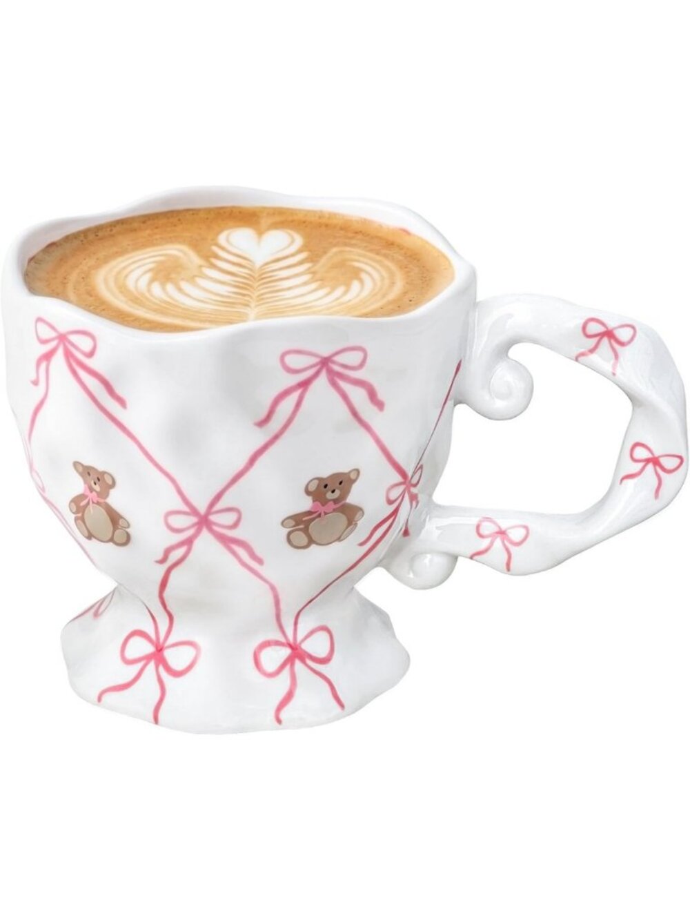 Adorable Handmade Kawaii Coffee Mug with Pink Bow, 14 oz Ceramic Cup for Tea